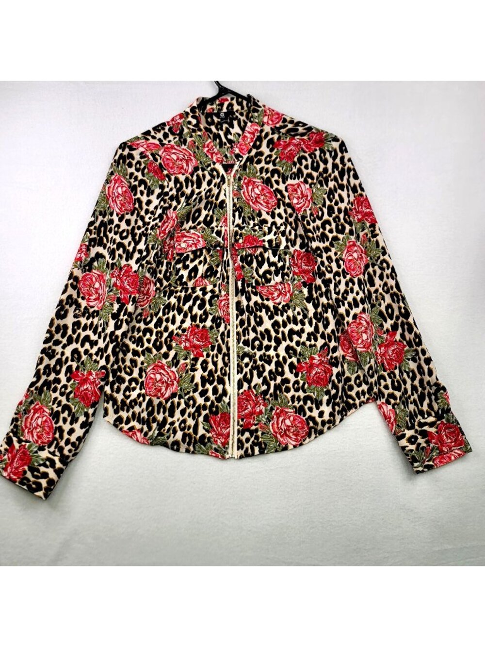 G By Guess Zipper Blouse S Multi Leopard Roses Romantic Mob Wife Indie Y2k Artsy